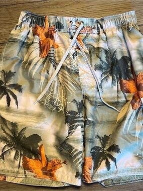 croft & barrow  Swim Shorts with Orange Floral Palm Print